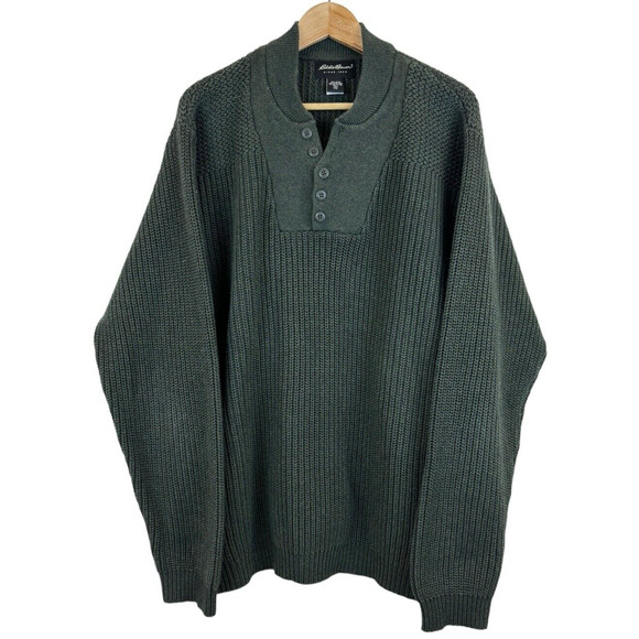Eddie Bauer Henley‎ Sweater Men's XXL Tall Green Fisherman Cable Knit Pullover - Picture 1 of 4